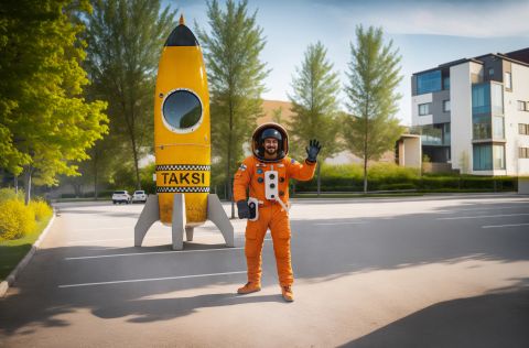Henkilö vilkuttaa oranssissa astronautin asussa parkkipaikalla. Hänen vieressään on keltainen raketti, jossa lukee taksi.