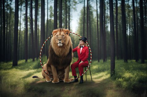 Henkilö istuu metsässä jakkaralla, hänellä on punainen asu ja musta lierihattu. Henkilön vieressä istuu leijona, hyppyrenkaan sisällä.