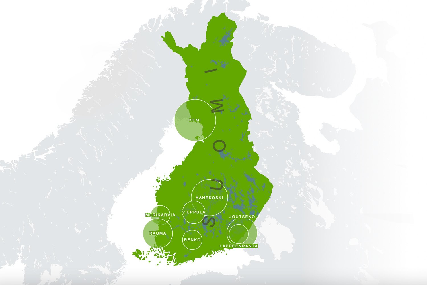 Suomen kartta, jossa ympyröity erilaisia paikkakuntia.